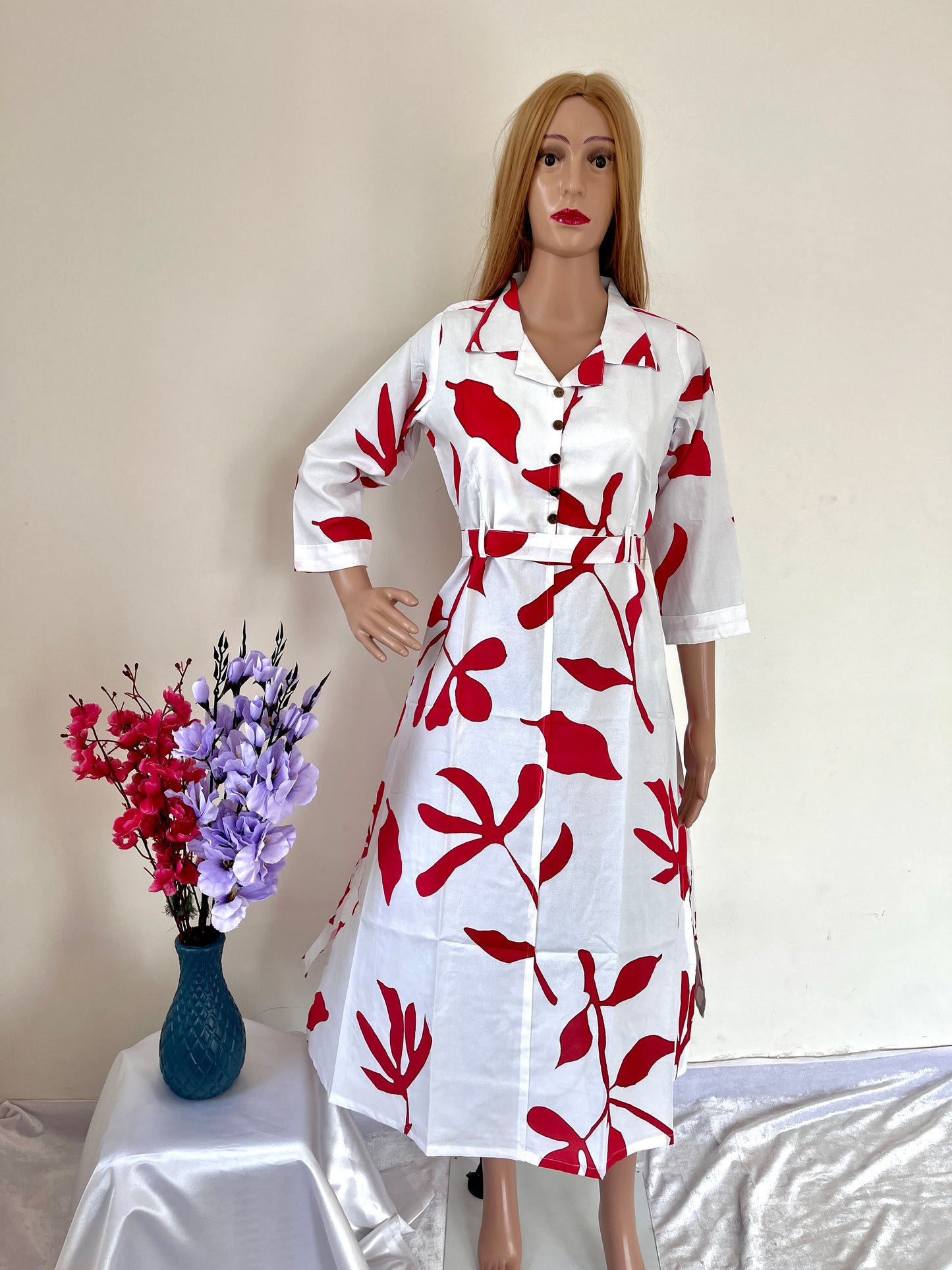 White Round Collar Kurti with belt